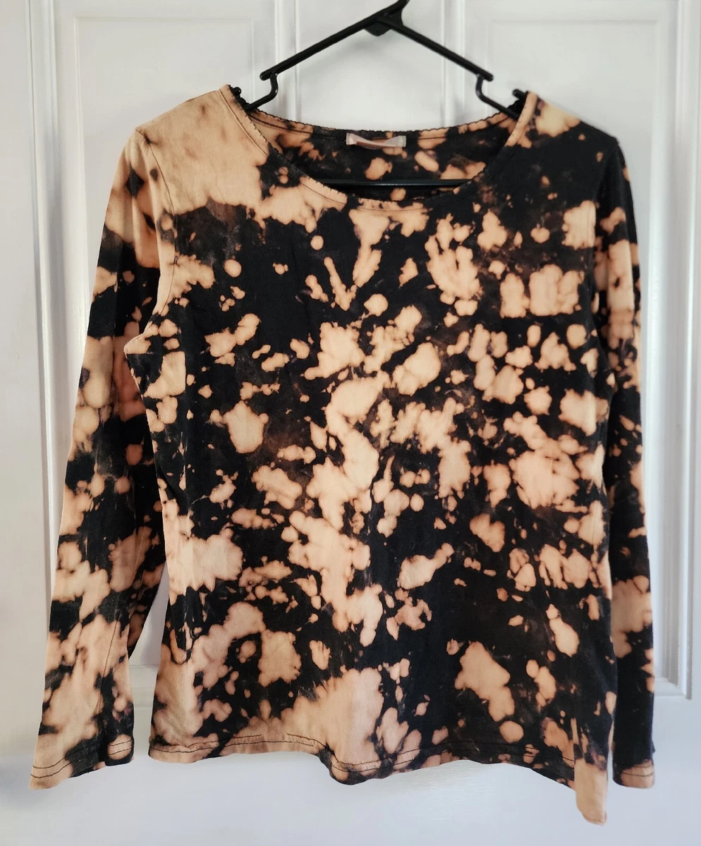 Womens Medium Black Tan Bleach Dye Tie Dye Long Sleeve Shirt