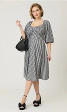 UNIQUE VINTAGE BLACK & WHITE GINGHAM PEASANT SLEEVE SWING DRESS NEW – REG & PLUS