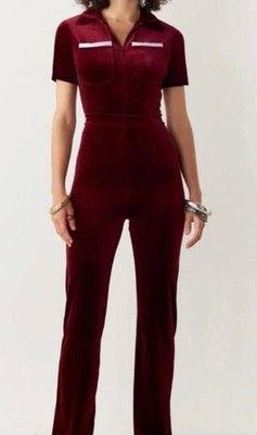 Peachy Den Velvet Jumpsuit Velor Burgundy Wine Size Small.