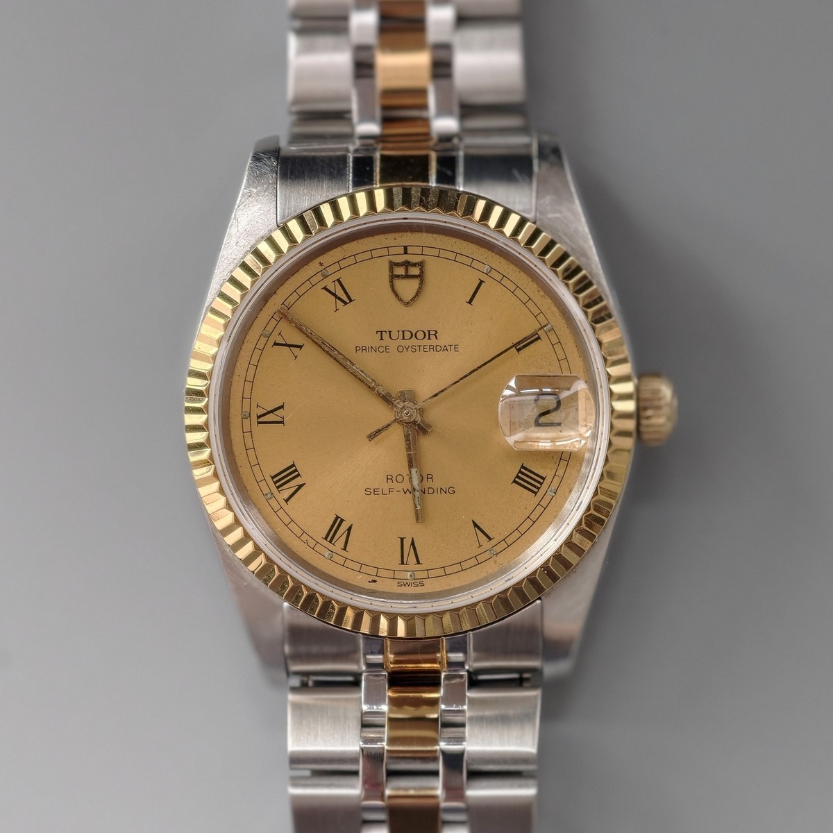 Tudor Prince Date 74033 Champagne Dial Men's Watch Auto 34mm Black