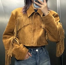 Women  s Suede Fringe Leather Jacket Cropped Western Cowgirl Boho Vintage Coat