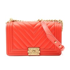 Chanel Boy Chevron Lambskin Shoulder Bag Women Red One Size