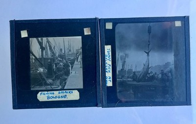 2x Französischer Angeln Thunfisch Tunny Fischfang Bootfahren Bologne Magic Lantern Slides