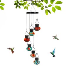 Solar-Powered Hummingbird Feeder with Wind Chime Elegance 6 Leak-Proof Gla...