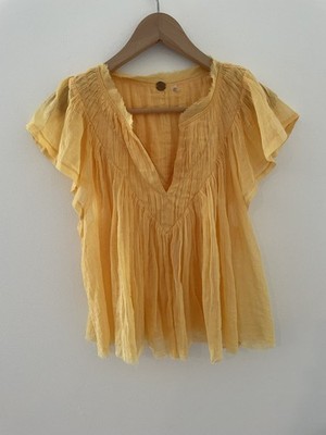 Free People One, Yellow Top M women's, flowy, feminine, Boho, raw edge hem