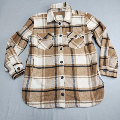 Thread & Supply Womens L Shacket Jacket Tan Ivory Plaid Fleece Button Front