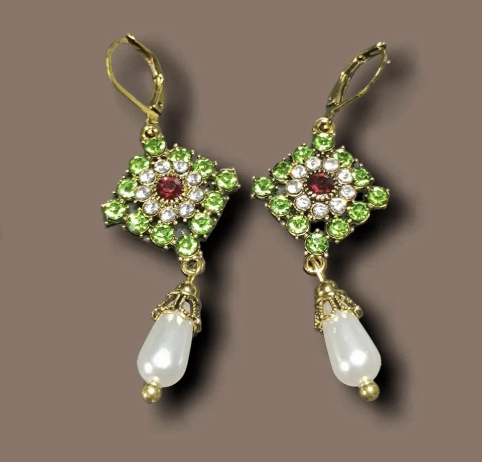 Pendientes de perlas de museo cristal geométrico circonita cúbica de colección verde palacio oro renacimiento retro Foto 3 de 4