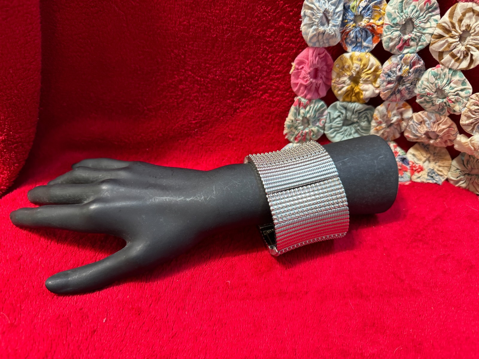 Silvertone Stretch Statement Piece Bracelet Textu… - image 1