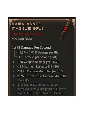 Diablo 4 S14 Ramaladni's Magnum Opus 0GA 0.43% Unique Sword Item Gear Equipment