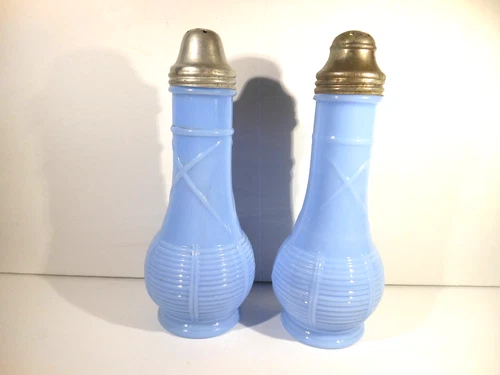 Vintage Jeanette Delphite Milk Blue Glass Basket Weave Pattern Salt & Pepper set
