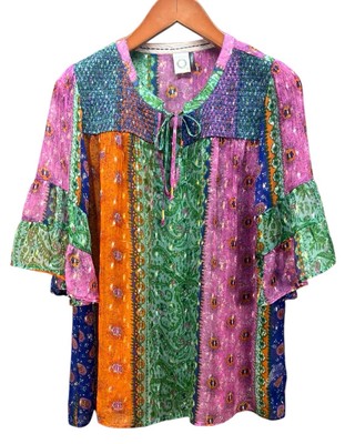 Anthropologie Akemi + Kin  ANTONELLA Colorblock Peasant Semi Sheer Blouse Large