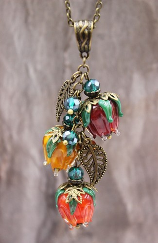Necklace Flower Pendant Vintage Bronze Lampwork Autumn Beads #N028 - Picture 5 of 7