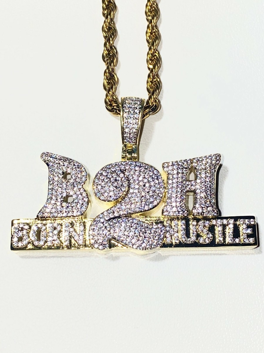 Born 2 Hustle Icy 14k Gold Finish Pendant Charm Rope Chain