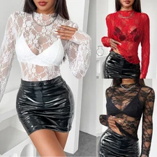 Womens Sheer Mesh Top High Round Neck Stretchy T-shirt See Through Long Sleeve -