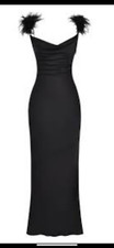 New Women's House of CB Tabitha Stunning Feather Trim Matte Satin Sheath Gown L