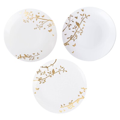 Round Disposable White Plastic Plates with Gold Floral Design Selection