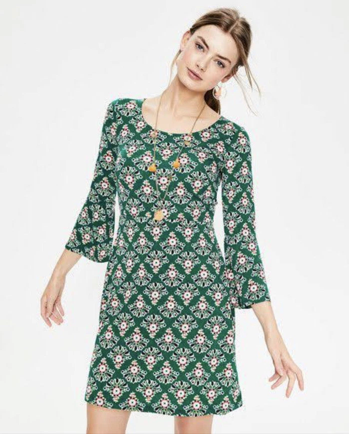 Boden Miriam Stretch Jersey Tunic Dress Green Floral Bell Sleeve