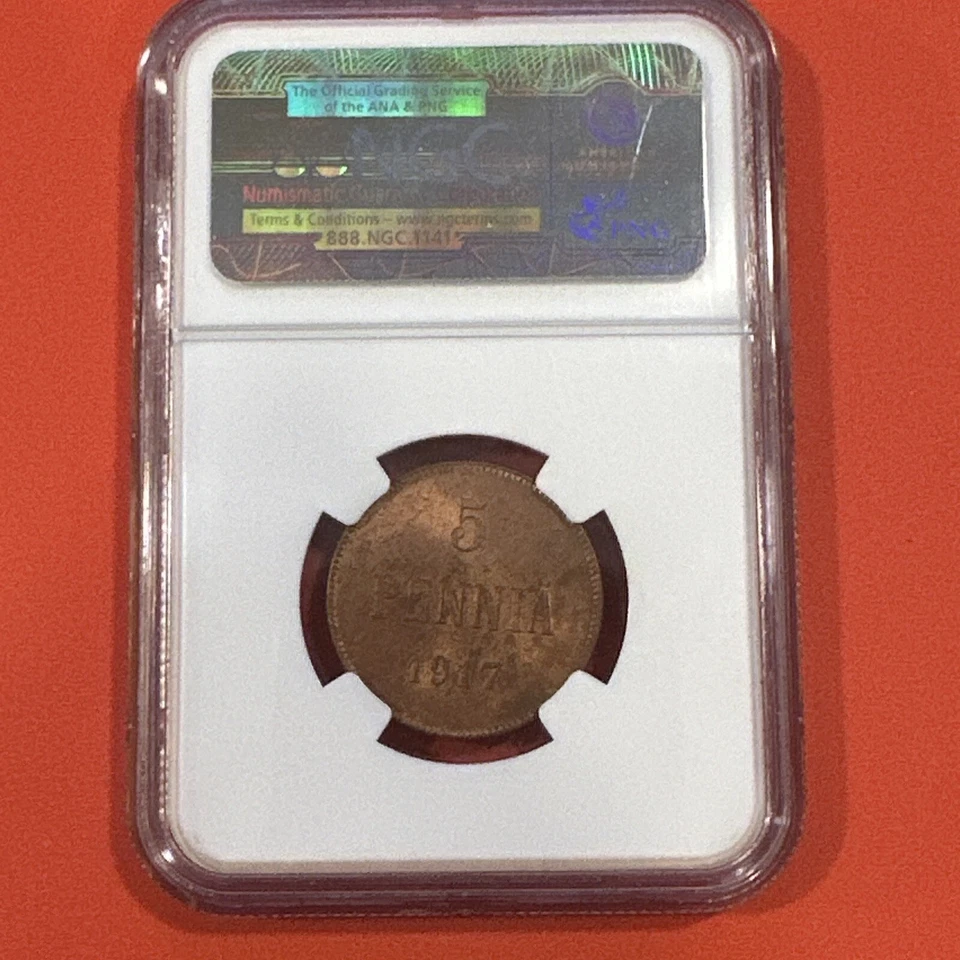 1917 Finland 5 Pennia NGC MS64 RB Coin - Image 2 of 2
