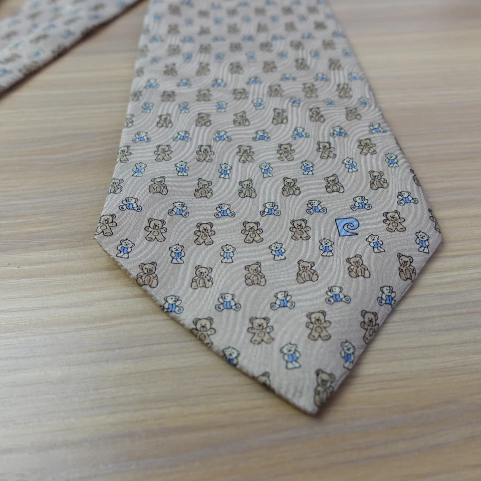 领带男式 PIERRE CARDIN 巴黎米色丝绸泰迪熊设计师豪华意大利 — 第 4/4 张图片