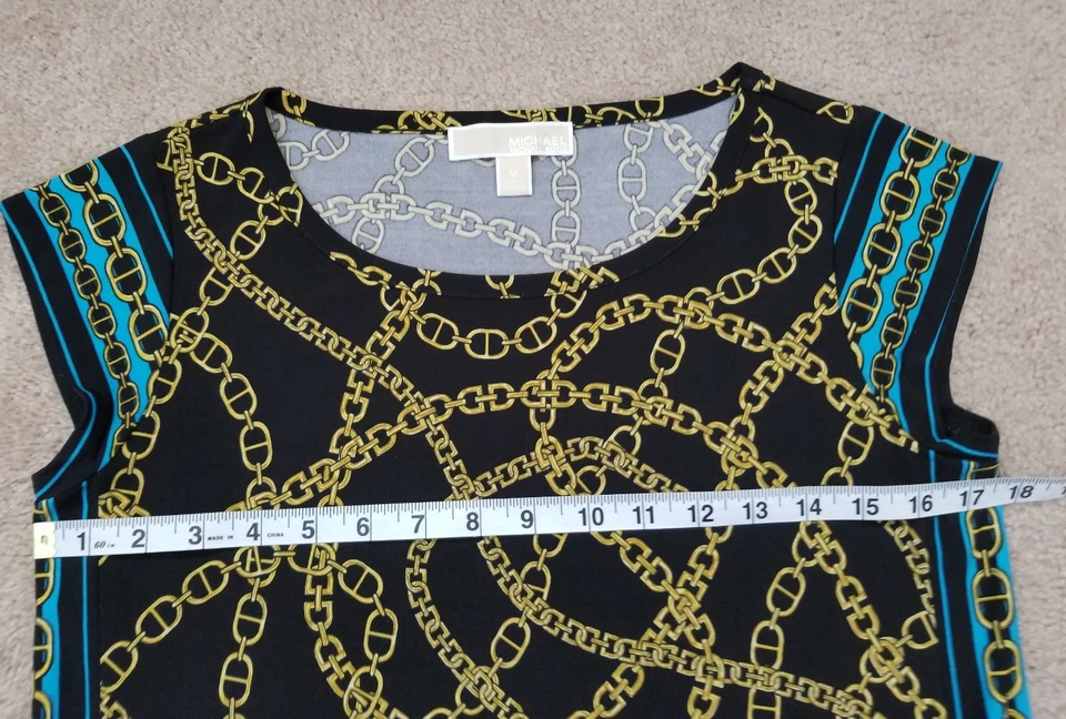 Sold out $98.00 Michael Kors Chain Print dress size M black/yellow/turquoise  - Image 4 of 4