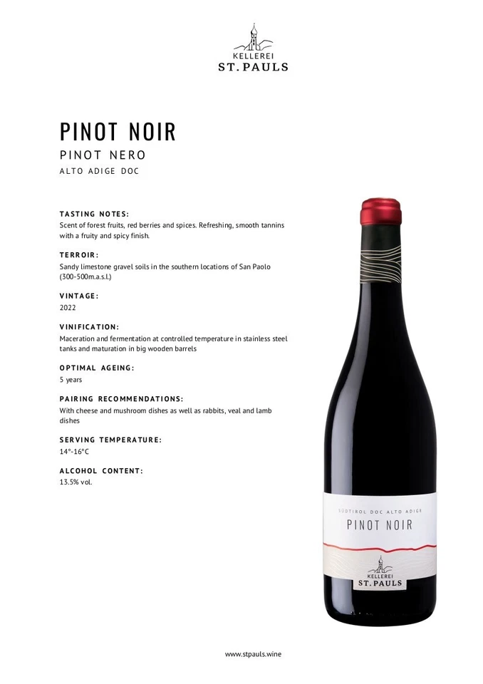 Pinot Noir Pinot Nero Alto Adige DOC St. Pauls 6 bottiglie 75 cl. - Immagine 3 di 4