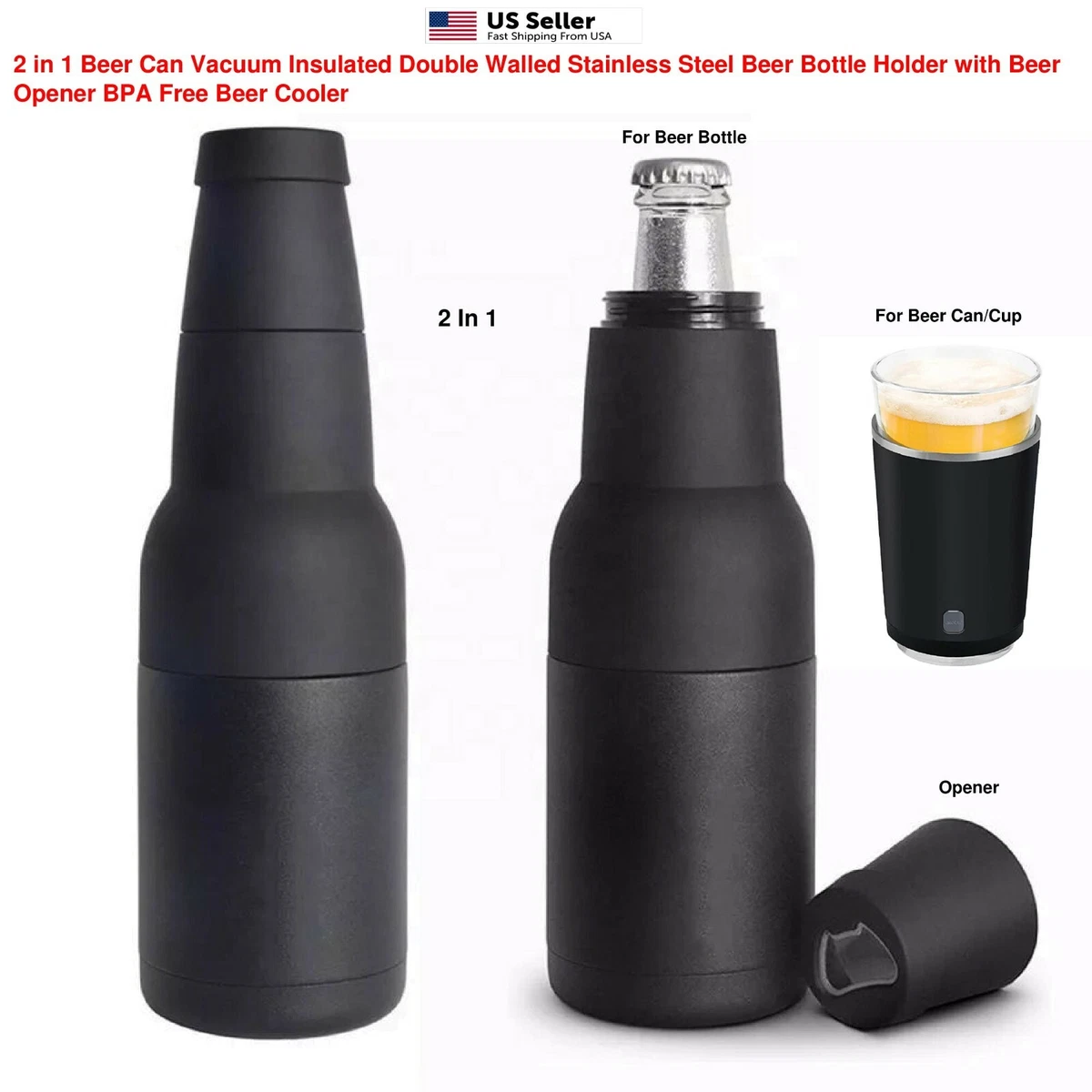 Stainless Steel Beer Bottle Can Koozie BPA Free Double Insulated Holder  Opener