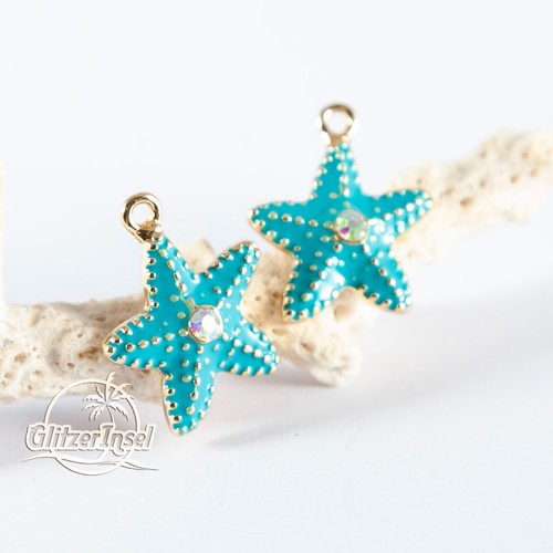 2x Schmuck Anhänger Seestern vergoldet Emaille Türkis Strass GlitzerInsel 00769 - Bild 5 von 6