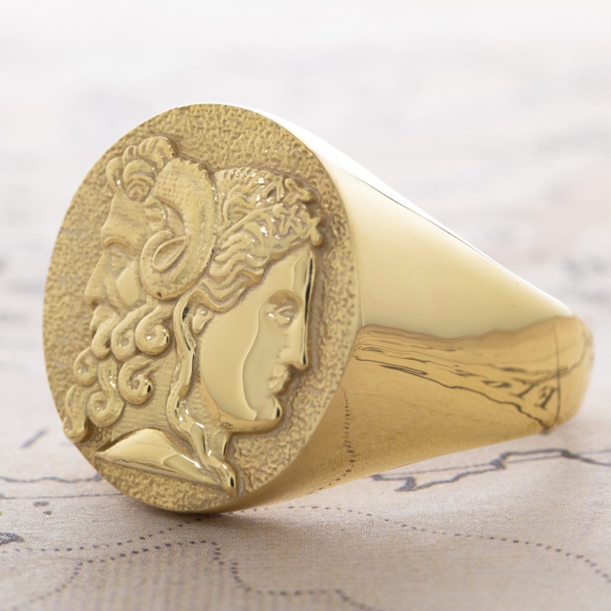 Janus Solid Gold Signet Ring, Ancient Roman Handmade Custom Signet Ring