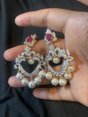 18k on4k Gold Ohr Manschette Statement Ohrringe Dangler Kronleuchter riesige Rubinperle