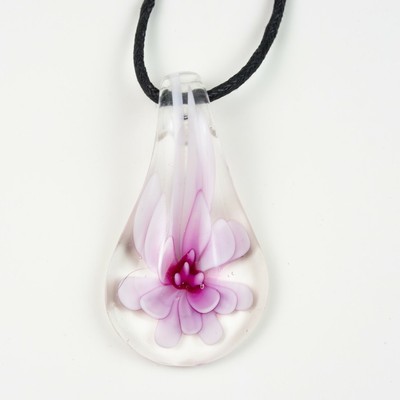 Hand Made Blown Glass Pendant Necklace Pink Flower Teardrop On Black Cord 10 5 - Blown Glass Flower Pendant Necklace Hand Made Blown Glass Pendant Necklace Pink Flower Teardrop On Black Cord 10 5 - Blown Glass Flower Pendant Necklace