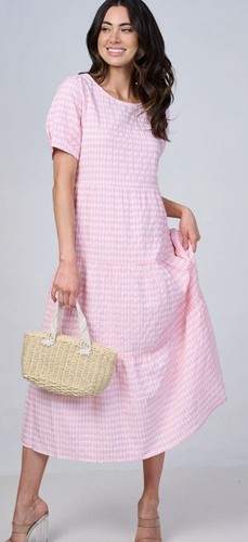 Women’s Short Sleeve Tired Plaid Color Block Maxi Dress Medium - 第 1/3 張圖片