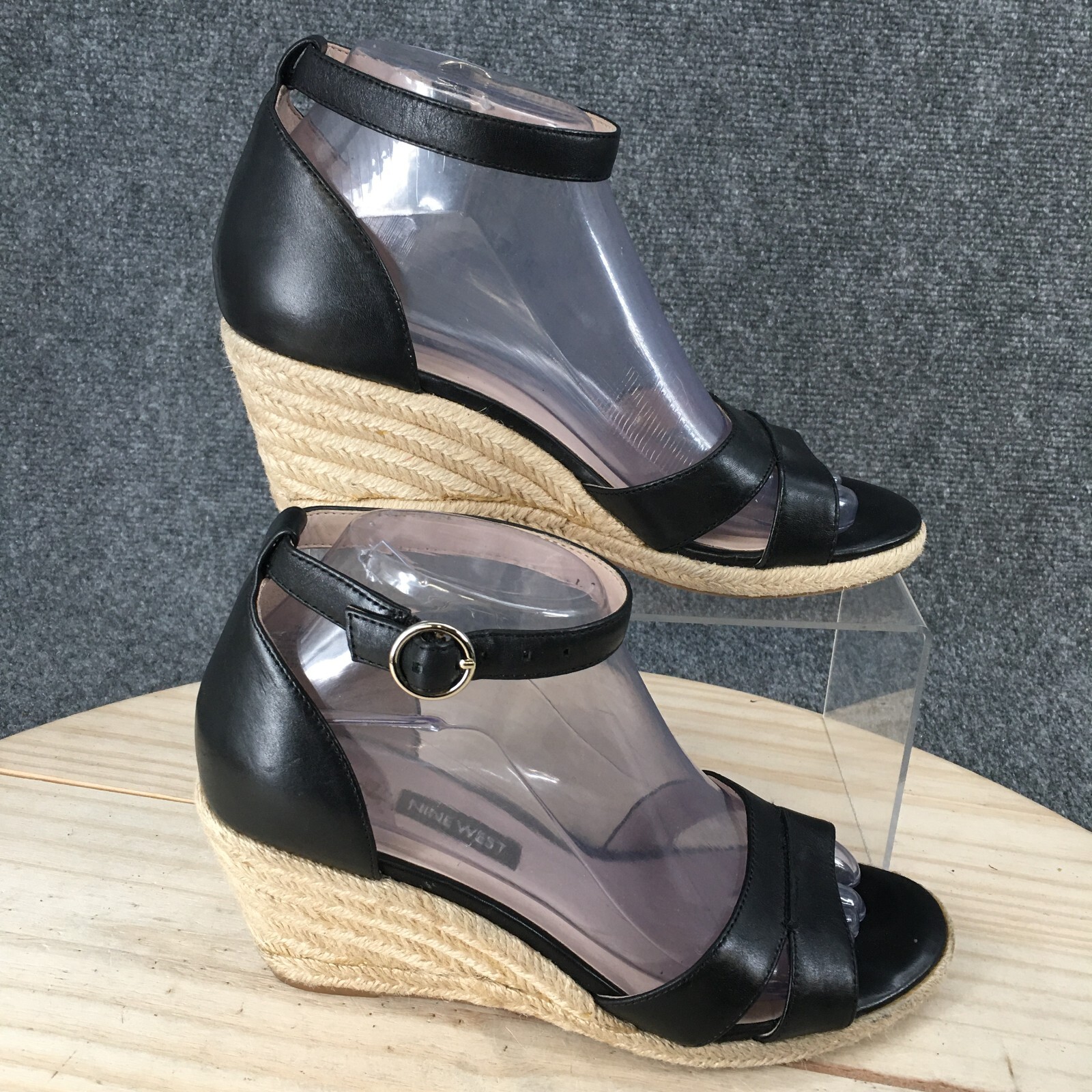 Nine West Sandals Womens 7 M Jeranna Wedge Espadrille Ankle Strap Black  Leather | eBay