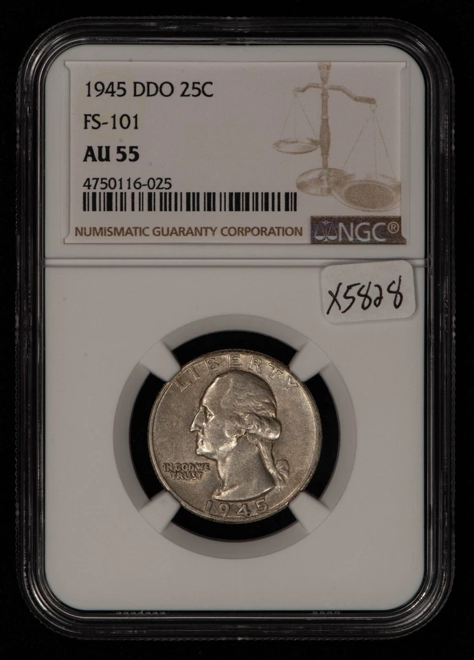 1945 DDO 25c Silver Washington Quarter - FS-101 Double Die - NGC AU 55 - X5828 - Image 2 of 4