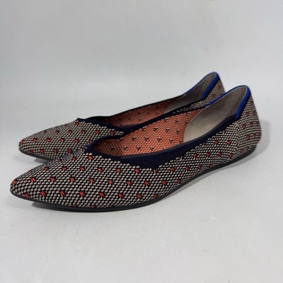 Rothys The Point Flat Women 8.5 Coral Dot Red Tan Blue Pointed Toe Shoe