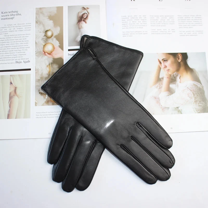 Ladies Sheepskin Gloves Classic Solid Color Versatile Leather Spring Knit Lining - Image 2 of 4