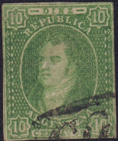 ARGENTINA 1864 RIVADAVIA IMPERFORATE WITH WATERMARK # 3