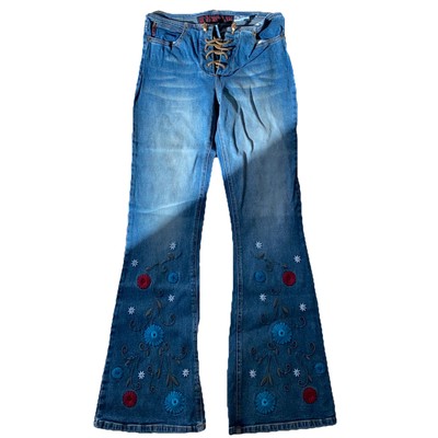 Y2K Vintage Hippie Boho Mudd Lace Up Floral Jeans Sz 3