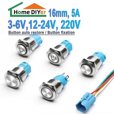 16mm Push Button LED waterproof Metal Switch Momentary Latching 3A With wires