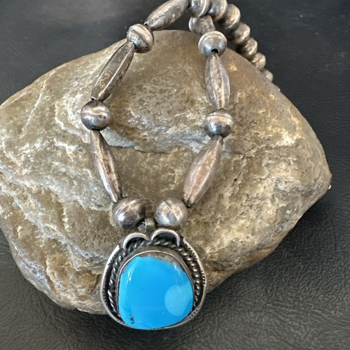 Old Pawn Blue Turquoise Pendant Bench Navajo Sterling Silver Necklace 15” 19918