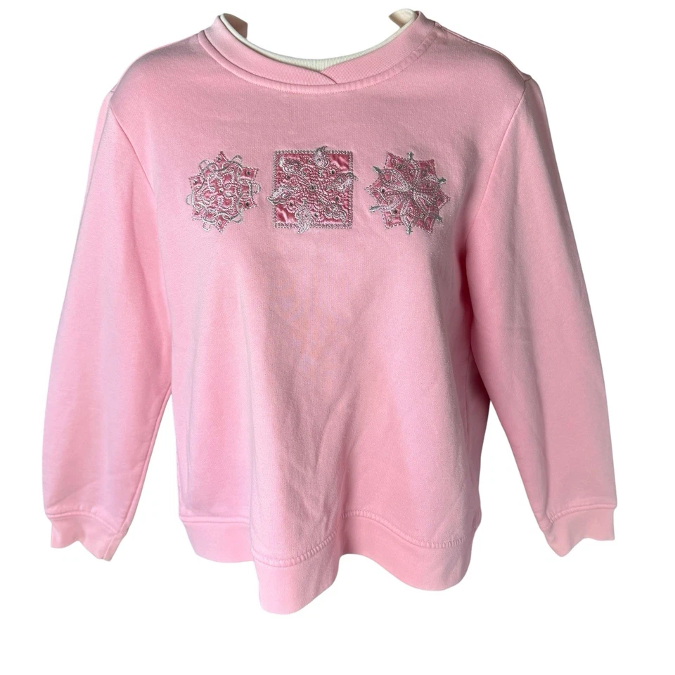 Sudadera De Colección Rosa Copo de Nieve Bordada Mediana Navidad Vacaciones Pullover Foto 2 de 4
