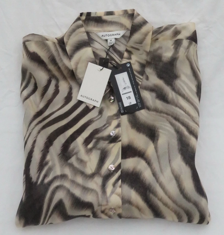 LADIES MARKS & SPENCER AUTOGRAPH BROWN MIX PATTERNED PURE SILK BLOUSE SIZE 18 - Image 2 of 4