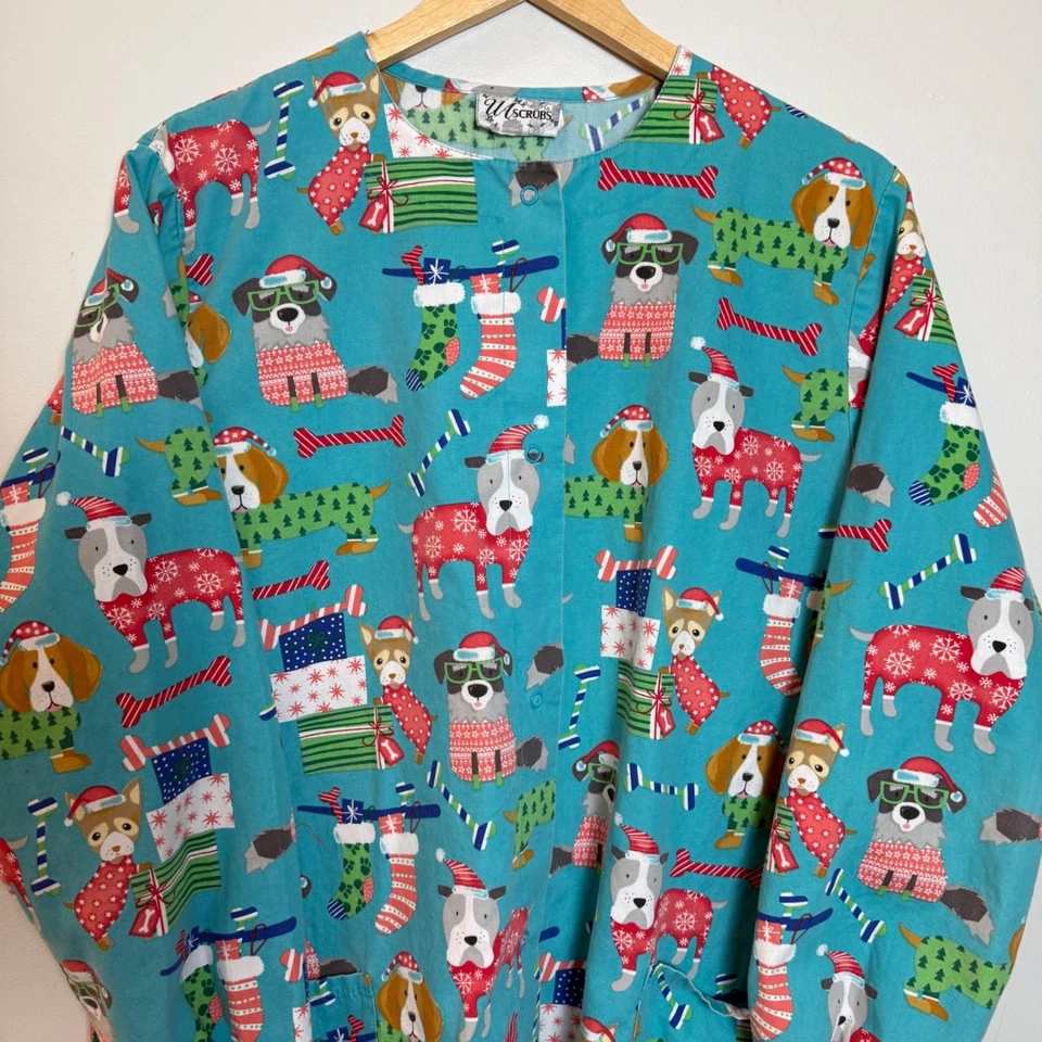 Chaqueta Médica Estampada UA Navidad Perros Frente a Presión Turquesa Talla Grande Foto 2 de 4