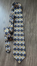 Vintage Halston Silk Tie - Blue & Gold Ornate Geometric Pattern Made in USA