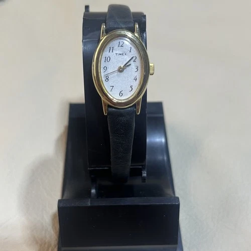 Vintage Timex Cavatina Women Gold Tone Oval Quartz Watch Black Band Working