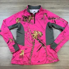 Mossy Oak 1/4 Zip Pullover Jacket Womens Medium Pink Camo Workout Gym Thumbholes