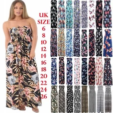 Womens Strapless Floral Maxi Dress Ladies Long Sheering Boob tube Bandeau Dress