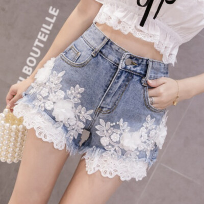 Lady Denim Shorts Jeans Beaded Lace 3D 