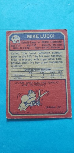 1973 Topps #195 Mike Lucci Detroit Lions - Picture 2 of 2