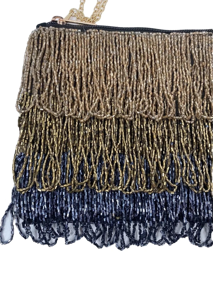 Bolso de Hombro Lulu NYC Hecho a Mano con Flecos y Cremallera Cierre Terciopelo Negro Foto 2 de 4