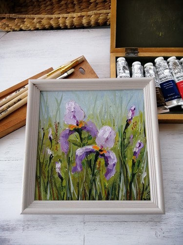 Irises Flowers Spring 0il Painting Original Art Fine Art Wall Art 8x8" Iris - Picture 2 of 7